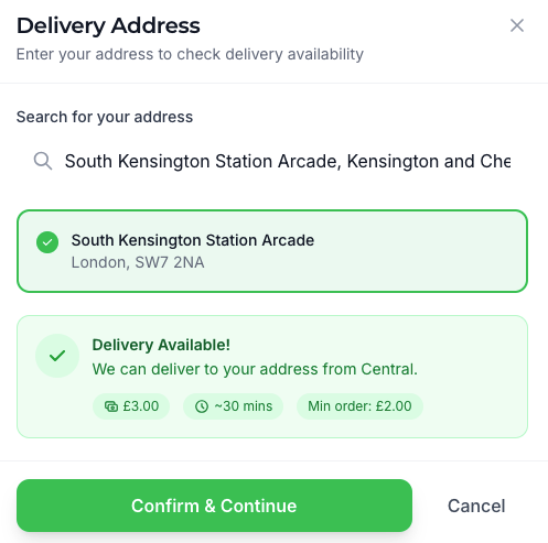 Customer checkout showing address autocomplete and zone detection